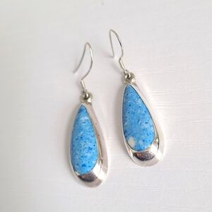 Vintage Boho Sterling Silver Teardrop Blue Apatite Gemstone Drop Dangle Earrings